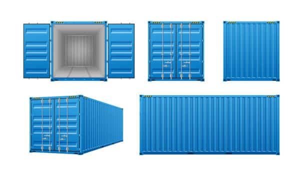 Digital illustration of blue cargo container from different views, representing standard equipment in LCL freight.