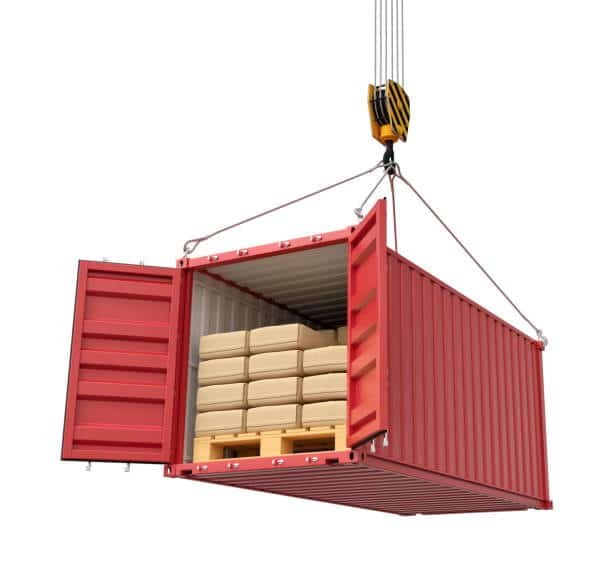“Crane hoisting a full container load (FCL) container with cargo for shipping”
