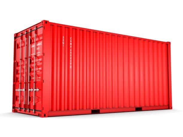 Isolated cargo container in red and green, representing standard equipment for LCL shipments.