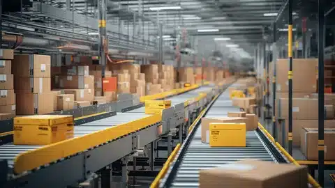 Boxes moving along conveyor in fulfillment center automation process.