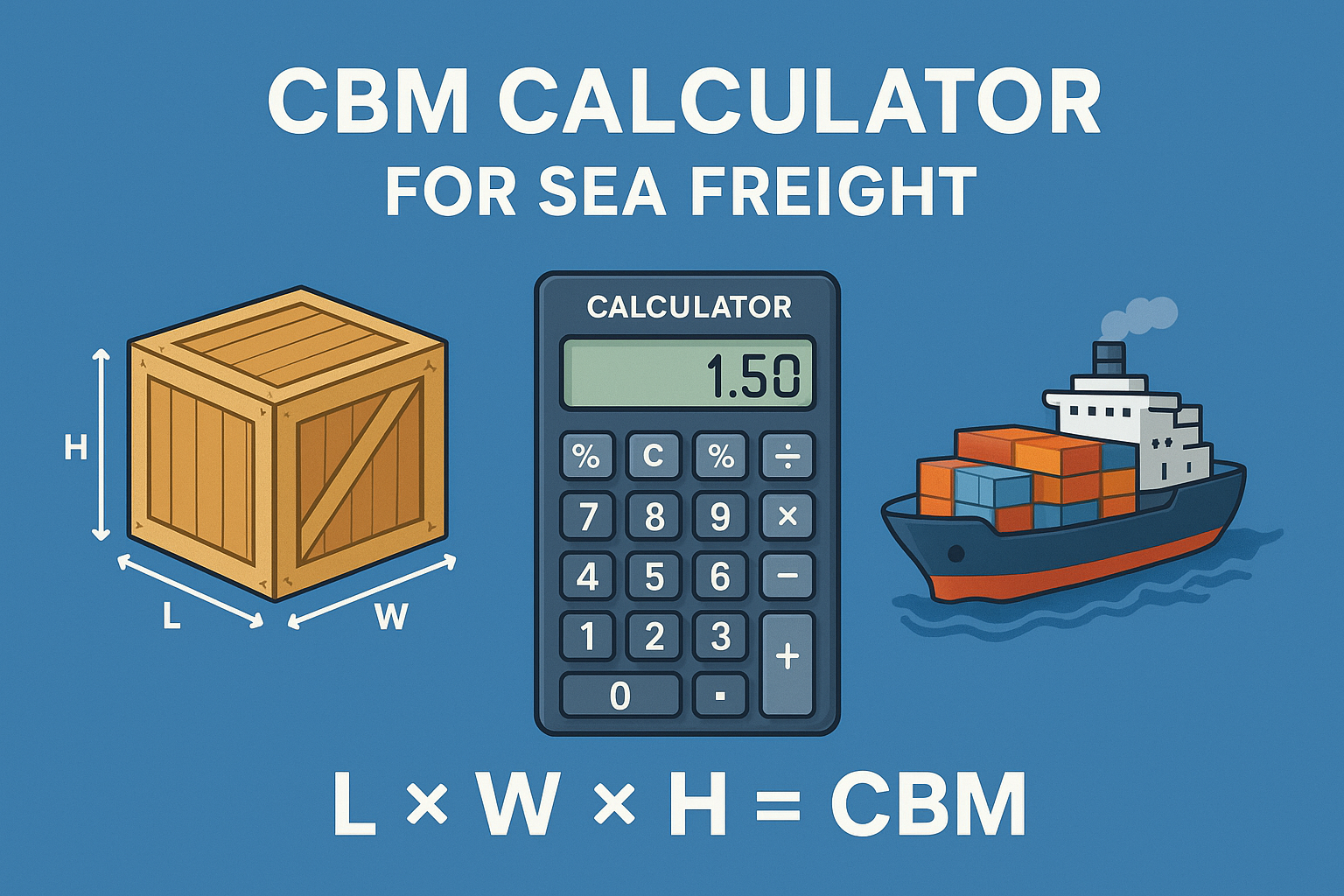 CBM calculator for sea freight showing formula length × width × height for shipping cost conversion to kilograms.