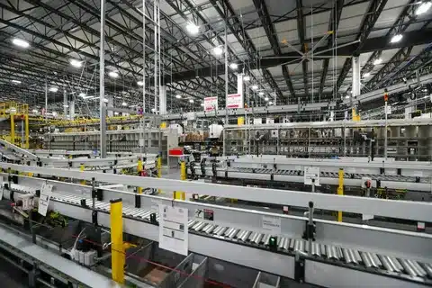 Fulfillment center with automated conveyor system for order processing.