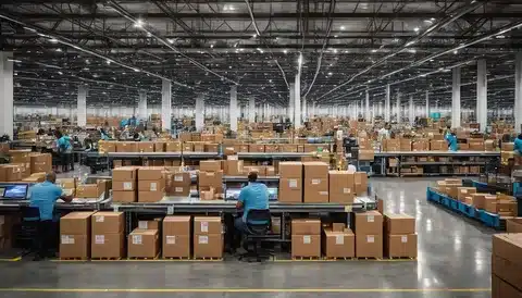 Employees working at packing stations in e-commerce fulfillment center.