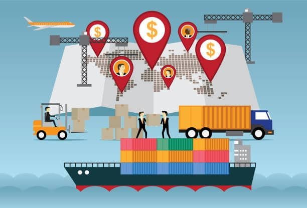 Supply chain illustration explaining international shipping costs and FOB responsibilities.