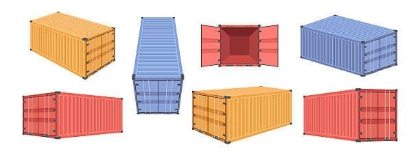 Illustrations of multiple shipping containers used in CBM and freight calculations.