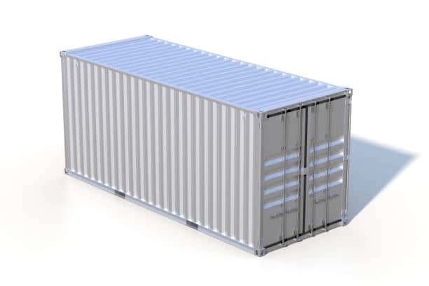 White metal shipping container example used for CBM volume and weight conversion.